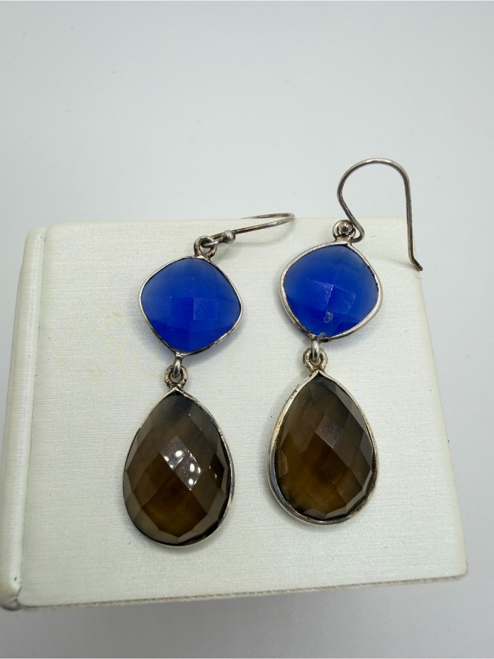 ~2" Faceted Dyed 13.5mm Chalcedony and 13x18mm Smokey Quartz in 925 earrings!